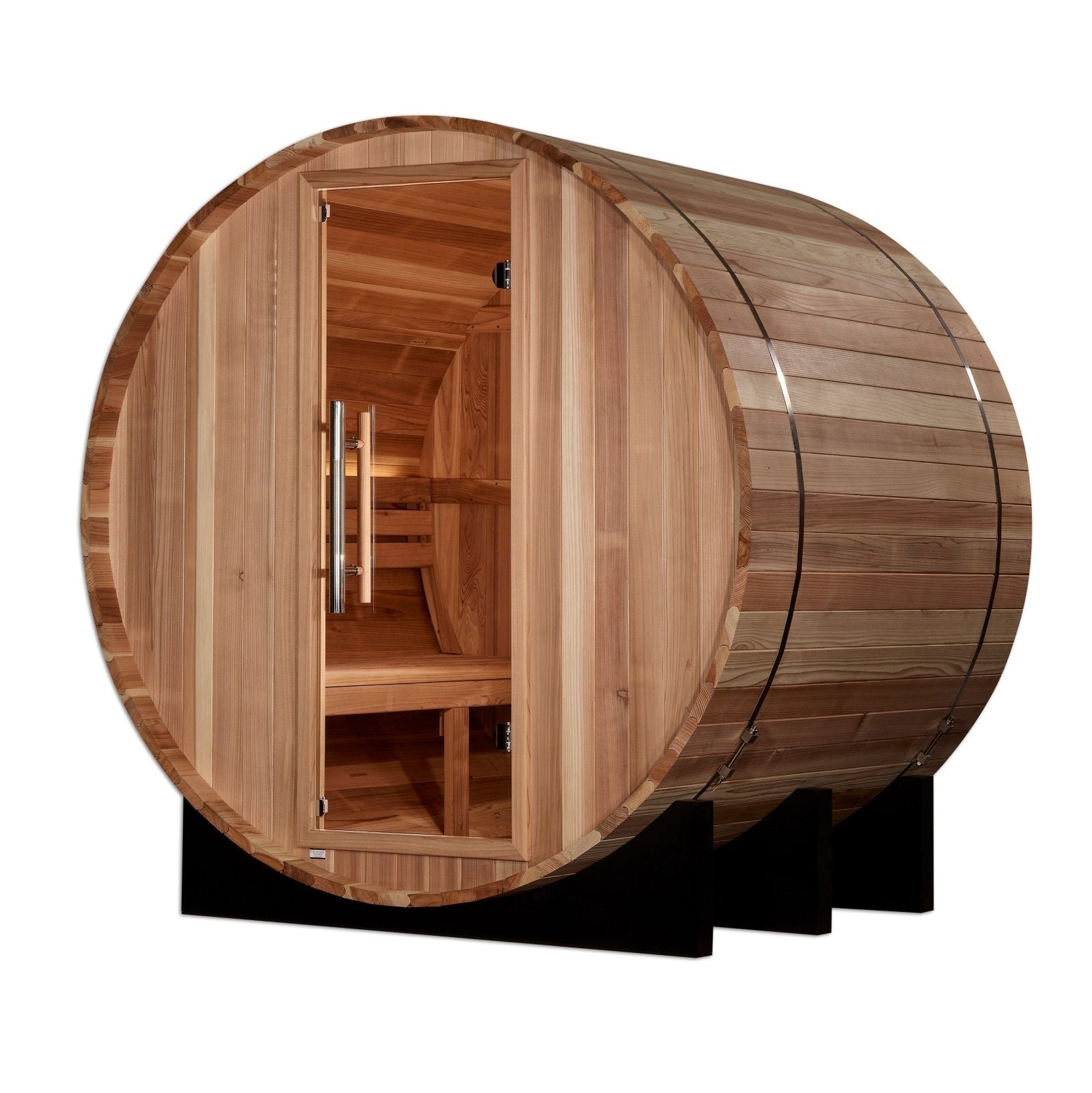 Golden Designs St. Moritz 2 person barrel traditional steam sauna — outdoor cedar wood construction